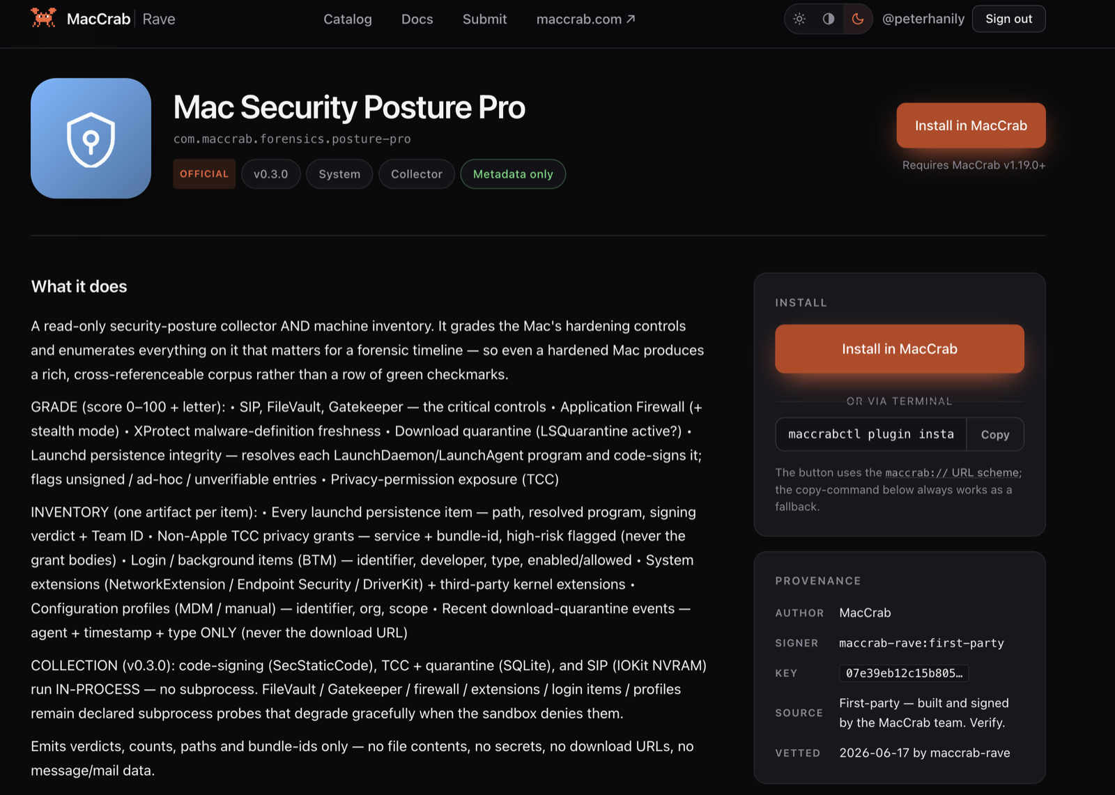 The Mac Security Posture Pro page on rave.maccrab.com: OFFICIAL and 'Metadata only' badges, a 'What it does' description, an Install in MacCrab button with a maccrabctl terminal fallback, and a provenance panel listing the signer maccrab-rave:first-party, the pinned publisher key beginning 07e39eb1, and the vetting date.