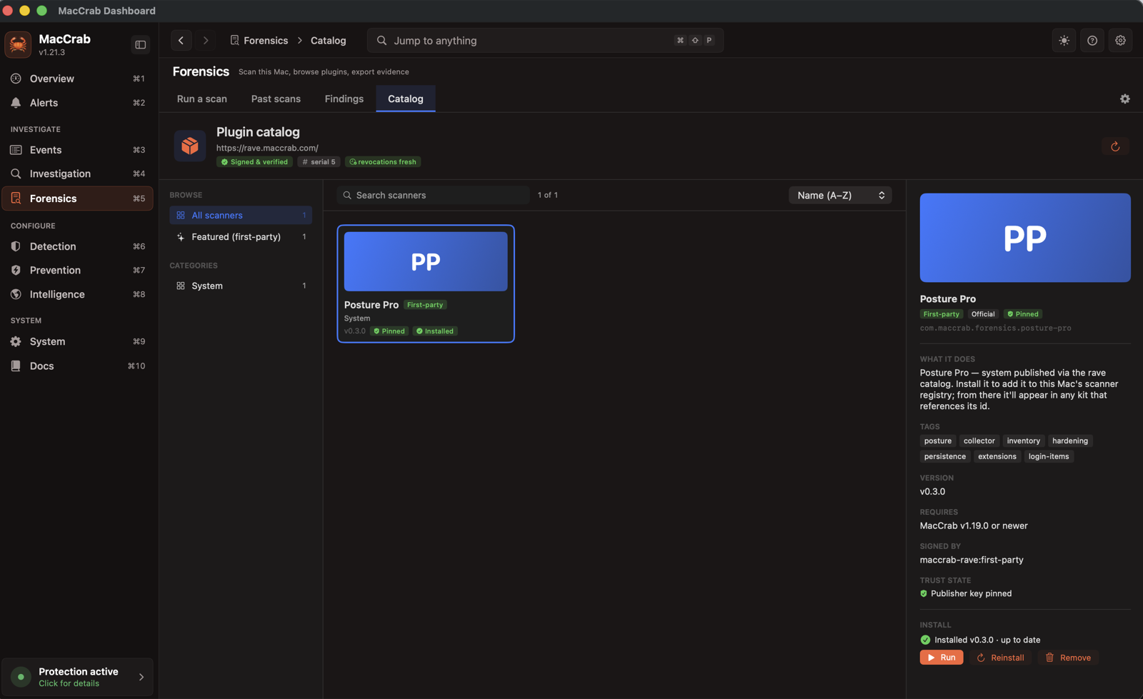 MacCrab's Forensics Catalog tab: the plugin catalog from rave.maccrab.com marked Signed & verified with revocations fresh, showing Posture Pro v0.3.0 as First-party, Installed and up to date, trust state 'Publisher key pinned', with Run, Reinstall and Remove buttons.