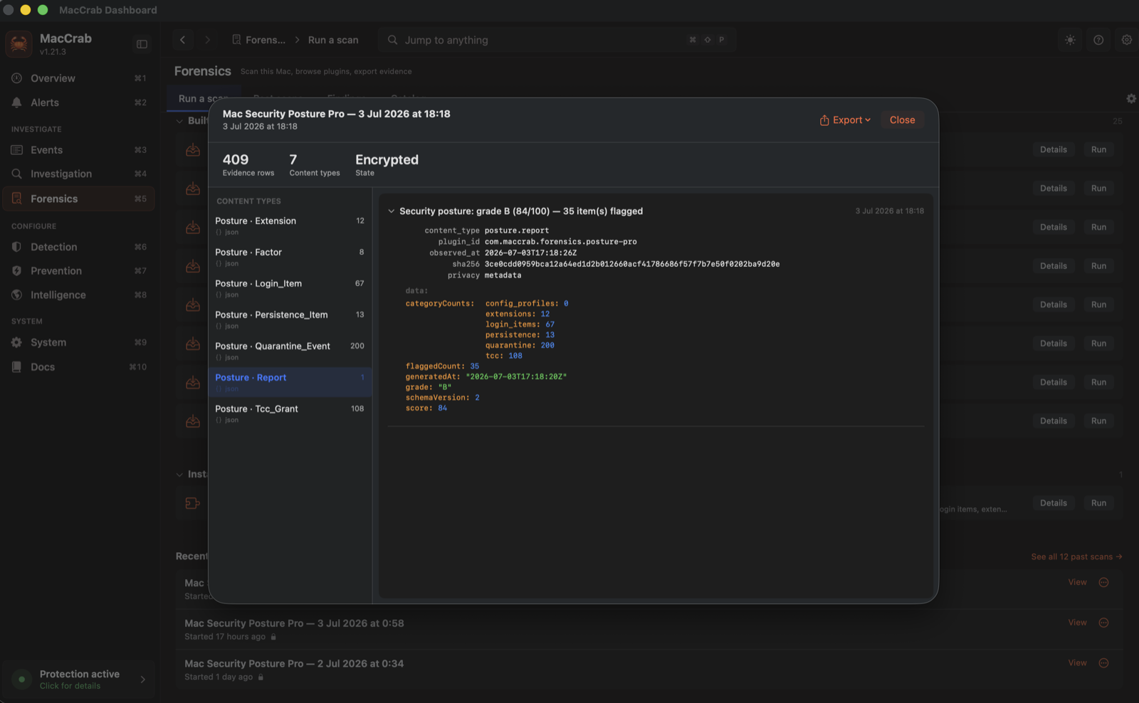A Mac Security Posture Pro scan open in MacCrab: 409 evidence rows across 7 content types, state Encrypted; the posture report shows security grade B (84/100) with 35 items flagged, and per-category counts for extensions, login items, persistence, quarantine events and TCC grants.