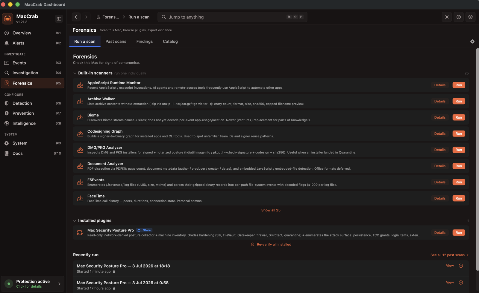 MacCrab's Forensics workspace, Run a scan tab: a list of built-in scanners (AppleScript Runtime Monitor, Archive Walker, Biome, Codesigning Graph, DMG/PKG Analyzer and more), and below them an Installed plugins section showing Mac Security Posture Pro with a Store badge.