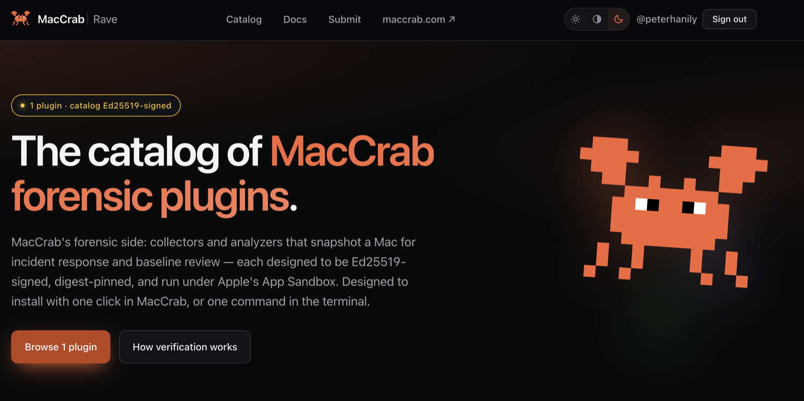 The MacCrab Rave storefront at rave.maccrab.com: a pixel-art crab beside the heading 'The catalog of MacCrab forensic plugins', a badge reading '1 plugin · catalog Ed25519-signed', and buttons labelled 'Browse 1 plugin' and 'How verification works'.