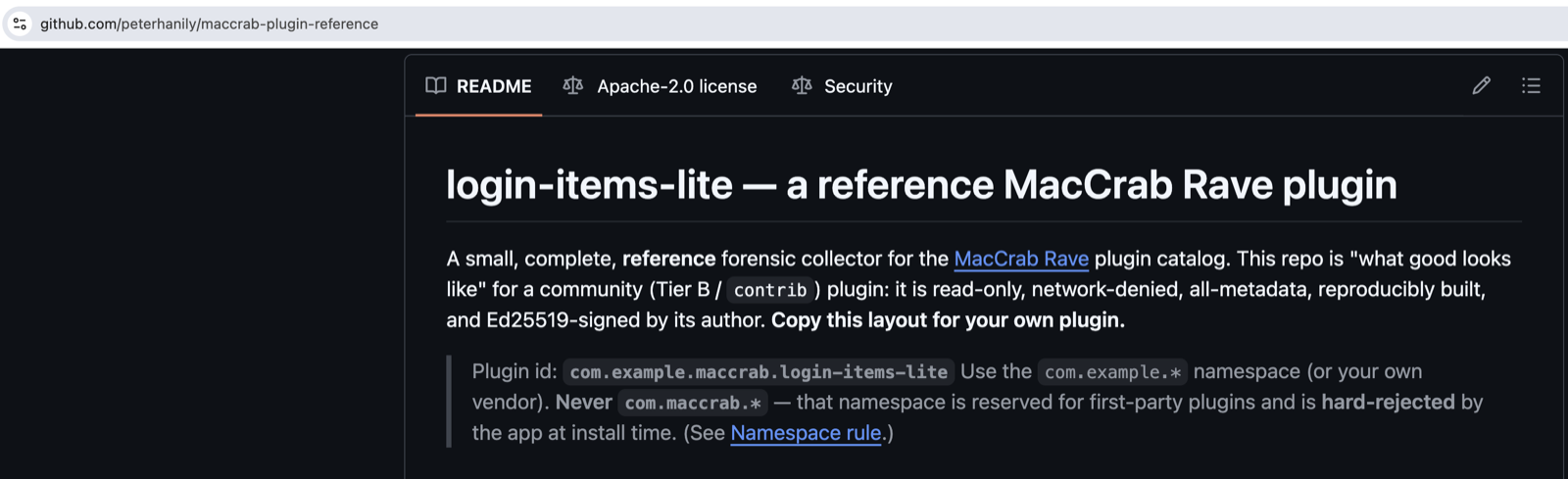 The README of github.com/peterhanily/maccrab-plugin-reference: 'login-items-lite, a reference MacCrab Rave plugin', described as read-only, network-denied, all-metadata, reproducibly built and Ed25519-signed, with a note to use the com.example.* namespace and never com.maccrab.*.