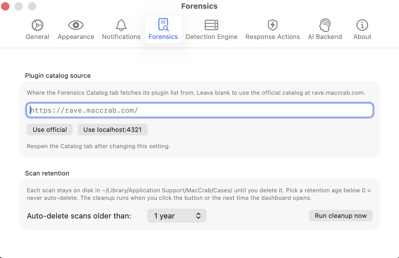 MacCrab's Forensics settings: a 'Plugin catalog source' URL field with the hint 'Leave blank to use the official catalog at rave.maccrab.com' and buttons 'Use official' and 'Use localhost:4321'.