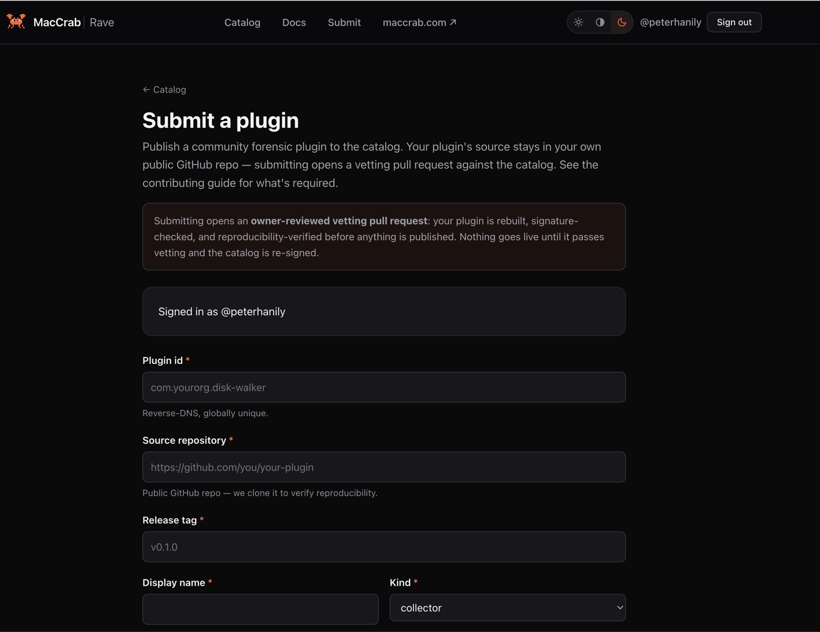 The Submit a plugin page on rave.maccrab.com: a form for plugin id, source repository and release tag, with a notice that submitting opens an owner-reviewed vetting pull request, where the plugin is rebuilt, signature-checked and reproducibility-verified before anything is published.